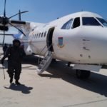 Gegana NTB Semprotkan Disinfektan di Dalam Pesawat Polri CN-295