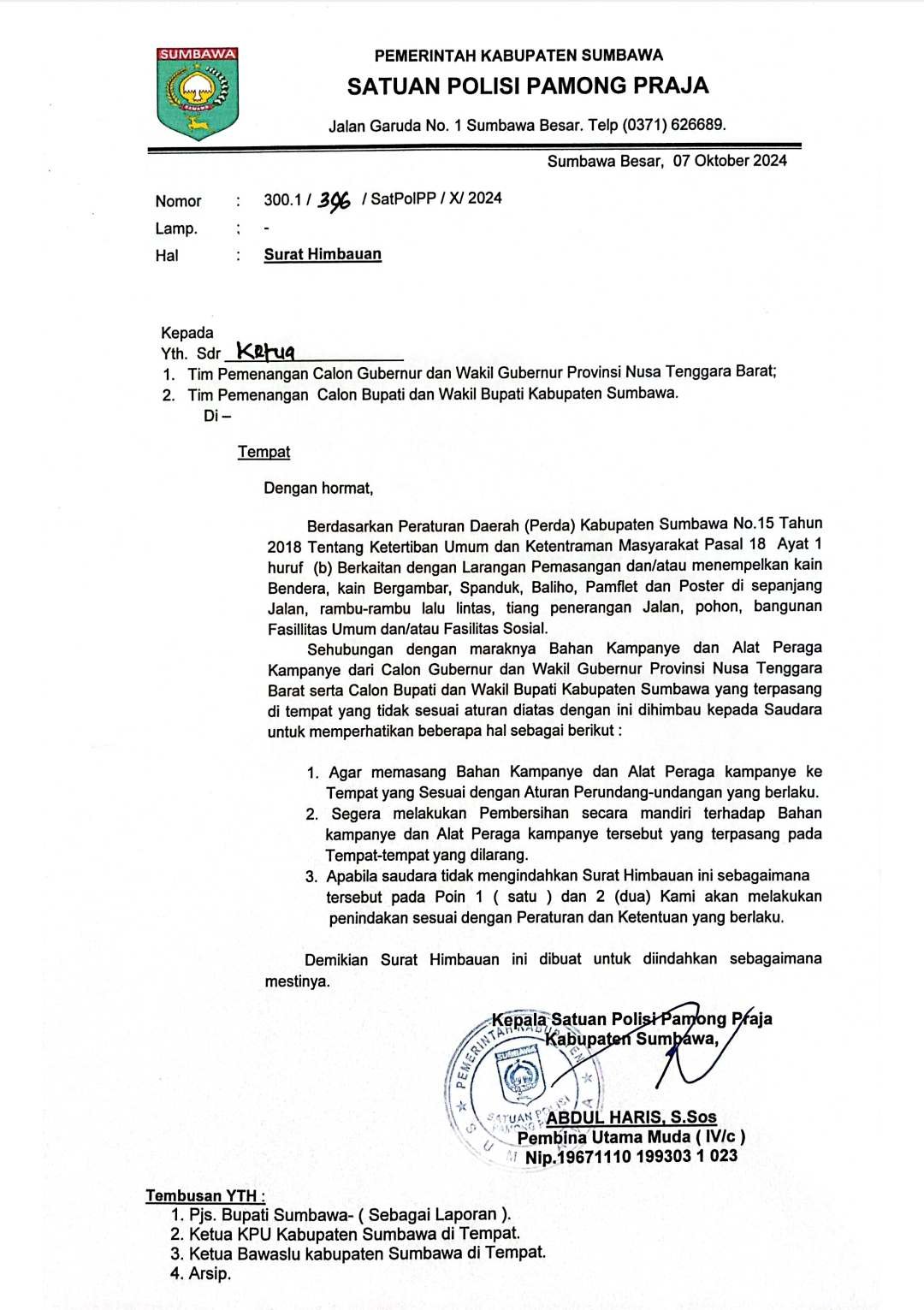 Satpol PP Sumbawa Imbau Calon dan Tim Pilkada Jaga Ketertiban dan Kedamaian