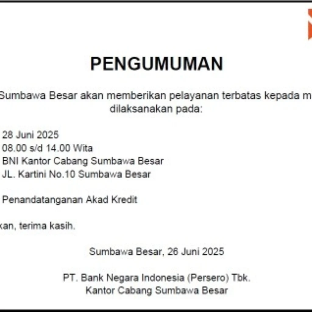 Pengumuman BNI Kantor Cabang Sumbawa Besar
