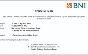 Pengumuman Penandatanganan Akad Kredit 30 dan 31 Agustus 2025 BNI Cabang Sumbawa