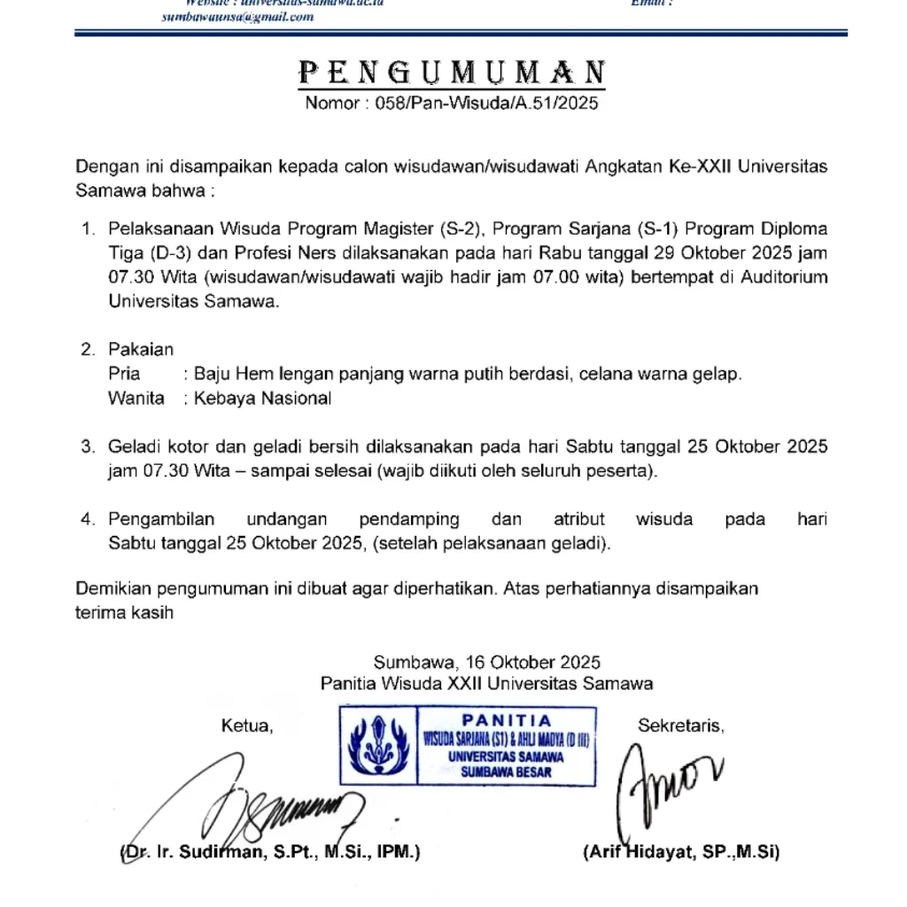 Pengumuman Wisuda Angkatan Ke-XXII Univesitas Samawa