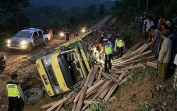 Gagal Nanjak dan Patah Roda, Truk Muatan Kayu Terbalik di Moyo Hulu